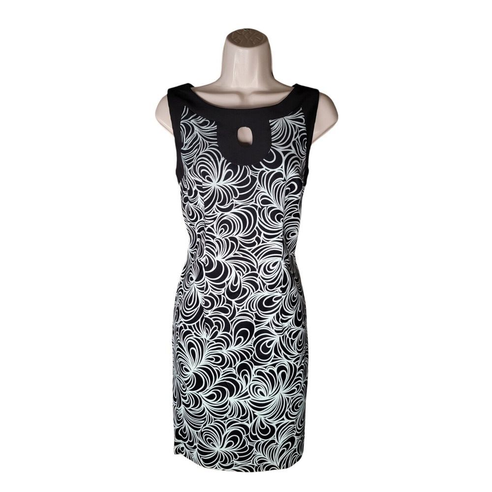 Connected Apparel Size 6 Black Mint Green Swirl Keyhole Midi Sheath‎ Dress